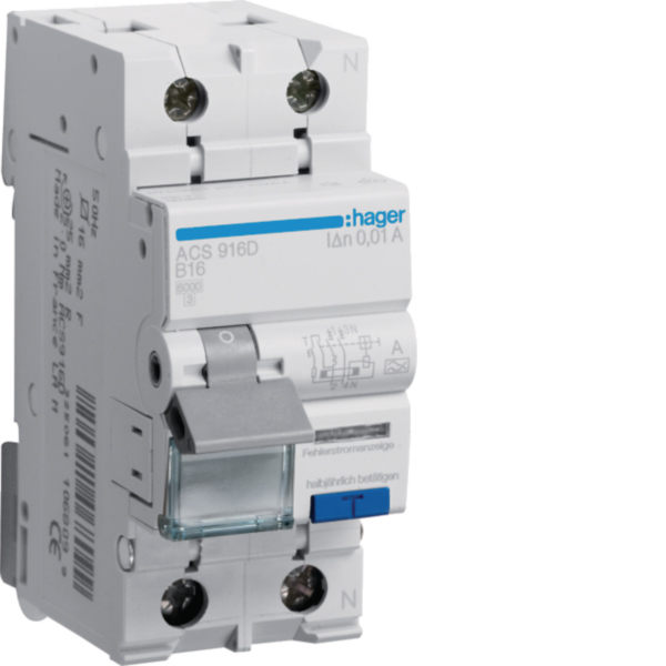 HAGER ACS916D FI/LS-Schutzschalter B16 1p+N 0,01A A
